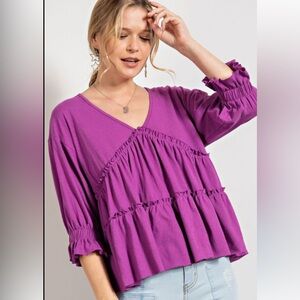 Easel Purple Ruffle V-Neck Top